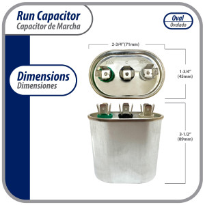 Appli Parts Dual Run Capacitor for ac 30+5 Mfd uF (microfarads) 370VAC CBB65 Oval Universal fit for hvac and other applications 1-3/4 in. Wide 2-3/4 in. Depth 3-1/2 in. Height CON-30/5-370