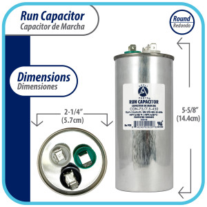Appli Parts Dual Run Capacitor for ac 75+7.5 Mfd uF (microfarads) 370VAC or 450VAC CBB65 Round Universal fit for hvac and other applications 5-3/4 in High 2-3/8 in Wide CON-75/7.5-450