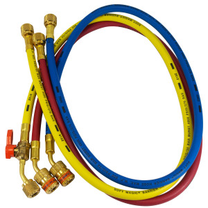 Uniweld EZ3HS Manifold Hoses 36in Red and Blue with EZ Turn Yellow with Ball Valve CFC/HCFC/HFC R410 Anti-Blowback fitting with Soft Magic Barrier hose set