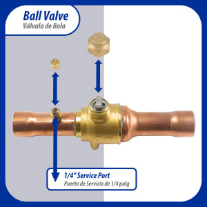 Appli Parts APBV-138 Valvula de Cierre 1-3/8 in tipo Bola de conexion soldable con puerto de servicio SAE de 1/4 in, presion maxima de trabajo 610 psi temperaturas de -30C a 120C longitud total 256mm