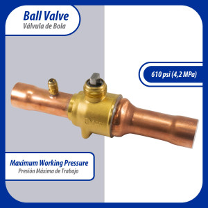 Appli Parts APBV-138 1-3/8 in Shut Off Ball Valve ODF Universal Replacement 610 psi (4.2 Mpa) max pressure -22 F to 248 F work temperature with 1/4 in SAE service port, with 10 in overall length