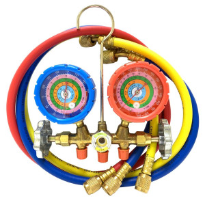 Appli Parts APMG-A3B36S R134,R22,R404,R410 Manifold Gauge Set, Brass Body with Sight-glass, Includes 36 in long 1/4 in SAE Hose Set, Pressure psi, Temperature Fahrenheit Scales