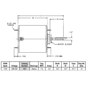 US Motors 1/3 hp 1075 rpm, 6 poles, 1 shaft, TEAO Enclosure, 1 speed, 5.6 diameter, CCW, Lead End, Reversible, 208-230 V, 60 hz, 1 ph, 7.5 mfd/370 VAC Run Capacitor 1861 K055WMT1281012B
