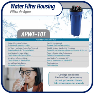 Appli Parts APWF-10A Filtro de Agua de 10 pulg color Azul con Conector Hembra de 3/4 pulg de Bronce (No incluye el elemento filtrante)