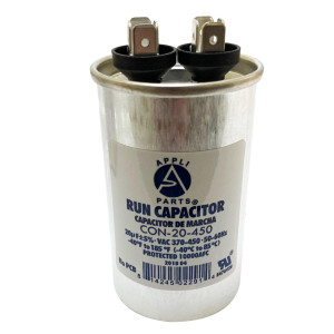 Appli Parts Condensador Capacitor de Marcha 20 Mfd uF (microfaradios) 370VAC o 450VAC CBB65 Universal Aire acondicionado y otras aplicaciones Redondo UL E476928 8.6cm Alto 4.5cm Ancho CON-20-450