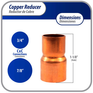 Appli Parts AP-R078034 Reductor de Cobre de 7/8x3/4 pulg Conexiones CxC soldadas para aplicaciones de refrigeracion, aire acondicionado y plomeria Tuberia de cobre ACR y Tipo L