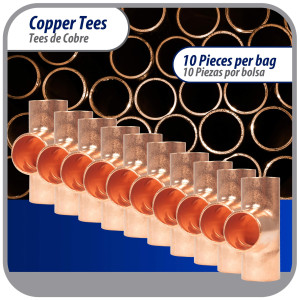 Appli Parts AP-T038B10 3/8in Wrot Copper Tee CxCxC connections for refrigeration, air conditioning and plumbing applications ACR and Type L copper pipe (10 x Bag) 