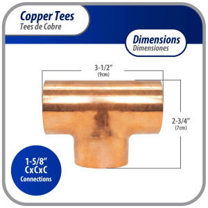 Appli Parts AP-T158B5 1-5/8in Wrot Copper Tee CxCxC connections for refrigeration, air conditioning and plumbing applications ACR and Type L copper pipe (5 x Bag) 