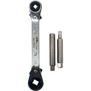 MA-Line MA-70074 Ratchet Wrench with Adaptors. Offset 5-1/2in. One end Square 3/16in and 1/4in. One end Square 3/16in and 5/16in. Hex Adaptors 3/16in and 5/16in