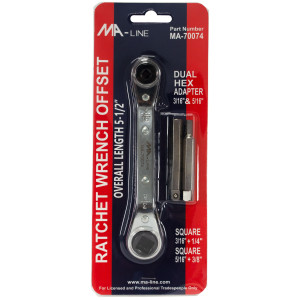 MA-Line MA-70074 Ratchet Wrench with Adaptors. Offset 5-1/2in. One end Square 3/16in and 1/4in. One end Square 3/16in and 5/16in. Hex Adaptors 3/16in and 5/16in