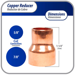 Appli Parts AP-R078058 Reductor de Cobre de 7/8x5/8 pulg Conexiones CxC soldadas para aplicaciones de refrigeracion, aire acondicionado y plomeria Tuberia de cobre ACR y Tipo L