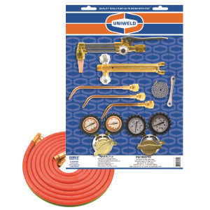 Uniweld KL71-4 Welding, Brazing and Cutting Outfit Includes: Welding Handle / Welding and Brazing Tips / Cutting Attachment and Tip / Oxygen and Acetylene Regulator / Twin Hose / Goggles / Flint Lighter / Tank Key