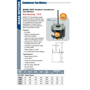 Mars 20882 1/2 HP, 825 rpm, 460 V, 60 Hz, 1 Ph, 1 Eje, TEAO Cerramiento, 1 Velocidad, Rotacion Reversible, Cuadro 48, Remplaza 1882, D961