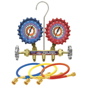Uniweld QS4L5HEZ Juego Manometro Bronce 2 Valvulas QS4L5HEZ Uniweld Completo (R-410a/R-22/R-404a) Psi/ F Con Mangueras 6pies, Sofbarrier Ez Turn