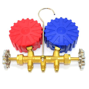 Uniweld QS8N5SMEZ Juego de Manometro con Cuerpo de Laton de 3-1/8 pulg NPF, juego de mangueras de 5 pies EZ-Turn Anti-Blowback, para R-410A,R-22,R-404A,R-134a, escalas F y PSI 48672