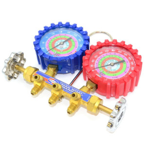 Uniweld QS8N5SMEZ Juego de Manometro con Cuerpo de Laton de 3-1/8 pulg NPF, juego de mangueras de 5 pies EZ-Turn Anti-Blowback, para R-410A,R-22,R-404A,R-134a, escalas F y PSI 48672