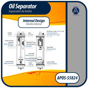 Appli Parts APOS-55824 Separador de Aceite 1/2 pulg ODF Soldable, CFC,HCFC,HFC,R22,R407C,R502,R134a,R404A,R507, Temperatura de trabajo desde -10 C a 130 C