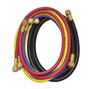 Uniweld HDC5MB 60 pulg, Mangueras para Manometros, Roja, Amarilla y Azul, 1/4 pulg y 60 pulg Manguera Negra, 3/8 pulg, Conexion estandard, para uso en Refrigeracion y Aire Acondicionado, CFC,HCFC,HFC, Soft Magic Barrier