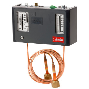 Danfoss 060-5250 KPU15B Dual Pressure Switch, Low 10 to 60 psi, High 100 to 465 psi, SPST (NO+NC), Auto Manual Max Reset, 36 in Capillary Tube with 1/4 in Female Flare Nut